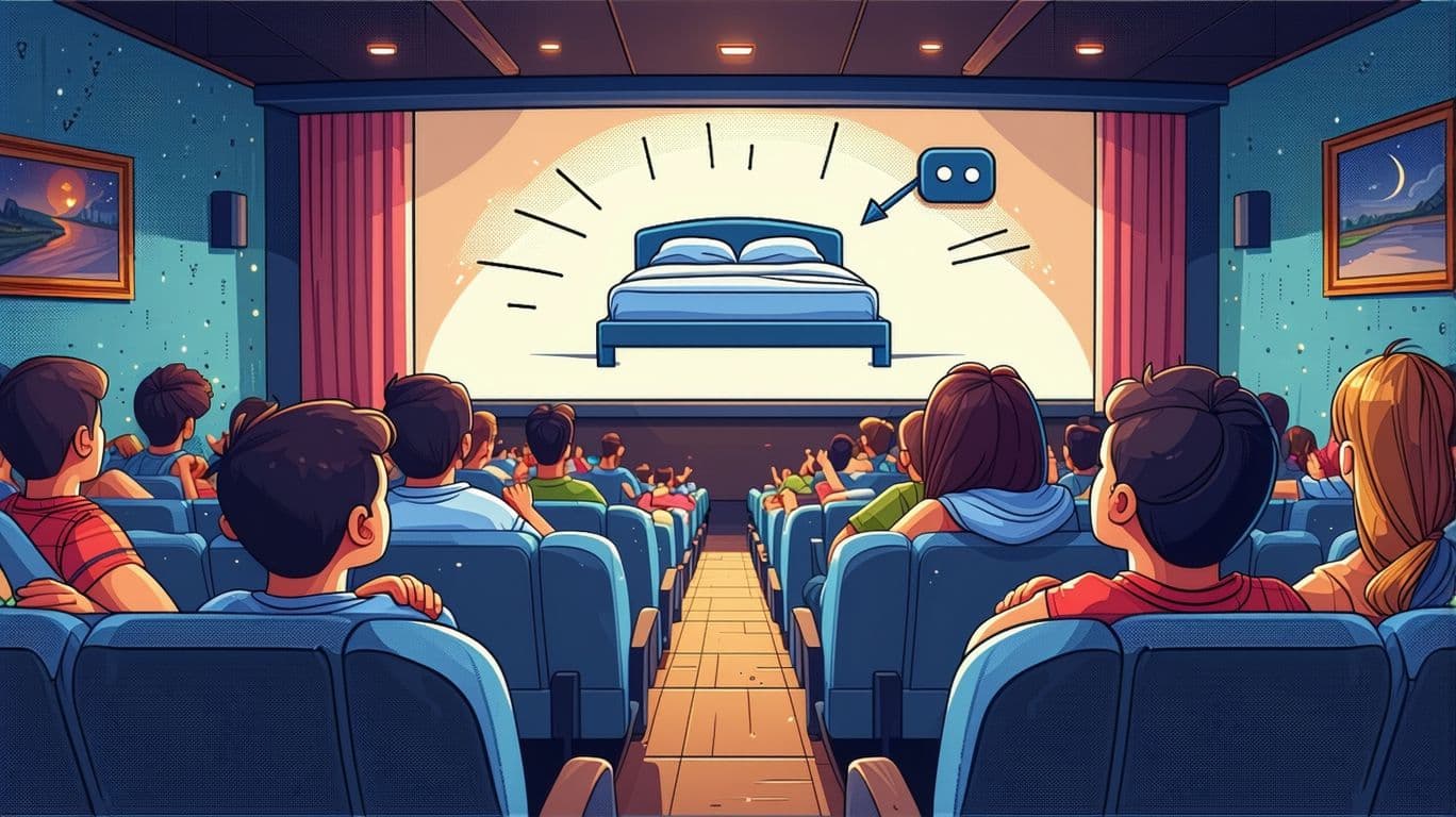 AI generated: People in beds in a movie theater are looking at the screen. And on the screen, a teacher with a poi...