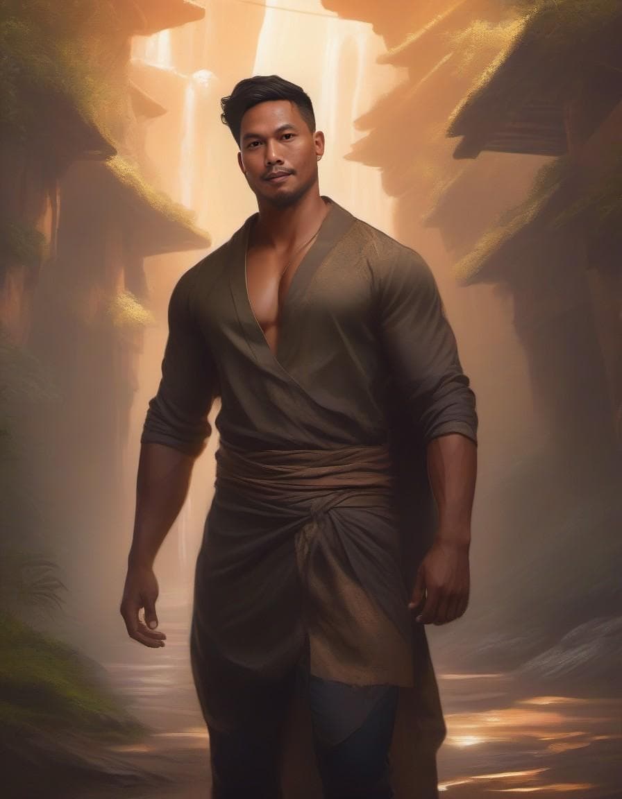 AI generated: Black Man wrapped in old dirty cloth, wide angle, ((detailed environment)), muscular, handsome, deta...