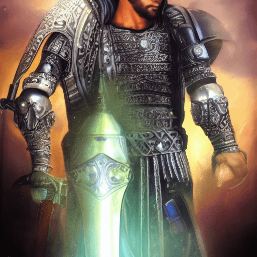 AI generated: Muslim warrior king with cyberpunk prosthetics, with sword, in islamic dress, long hair, Spaceship i...