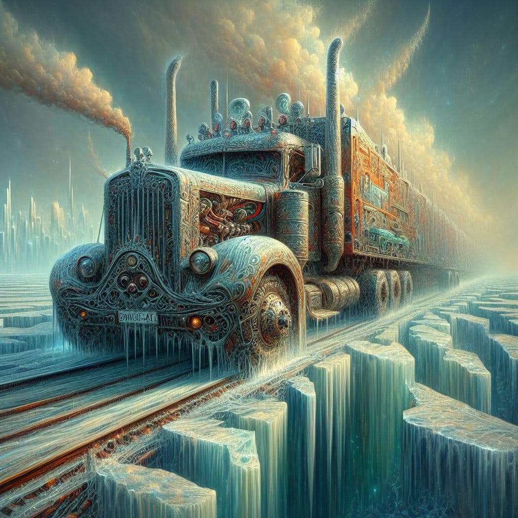 AI generated: Iceroad trucker, dieselpunk, biopunk, dreampunk, fractal art, surreal, cubistic art, painterly, styl...