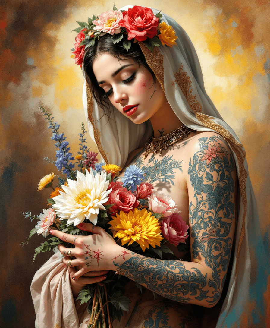 AI generated: oil painting of the mother mary with tattoos holding  the most beautiful colorful flowers, hyper rea...