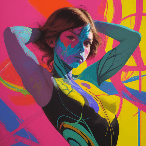 AI generated: a painting of a girl with bright colors on her face, in the style of complex lines, detailed anatomy...