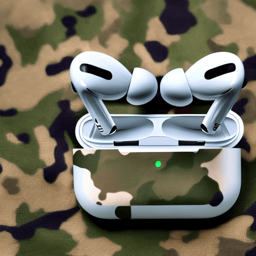 AI generated: productive photography, concept design, Apple AirPods Pro 2, camouflage pattern, matte ear tips, str...