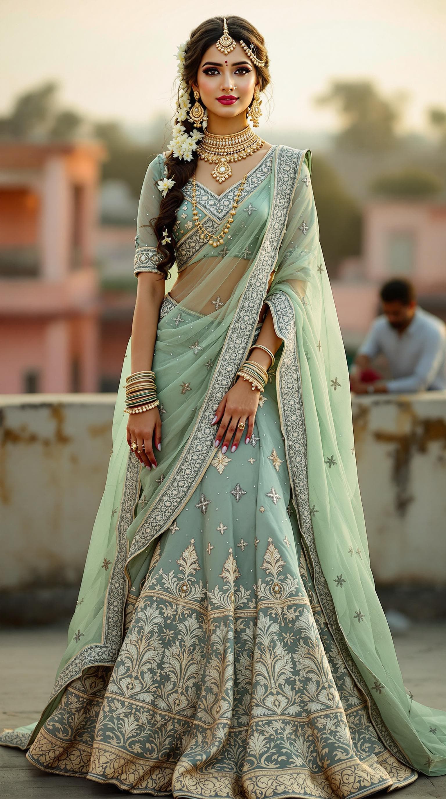 AI generated: "A highly detailed ultra HD 8K realistic full-body portrait of a young Indian woman wearing a tradit...