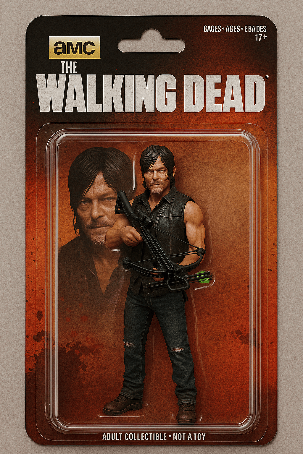 AI generated: a hanging card, Available in individual packaging, Toys for adults,a action figure of daryl dixon fr...