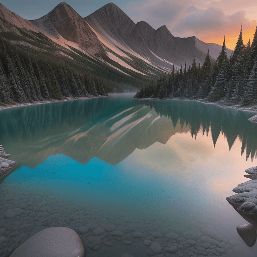 AI generated: Emerald Lake::0.3 fairy pools::0.5 archival fine-art print of a misty sunset alpine landscape photog...