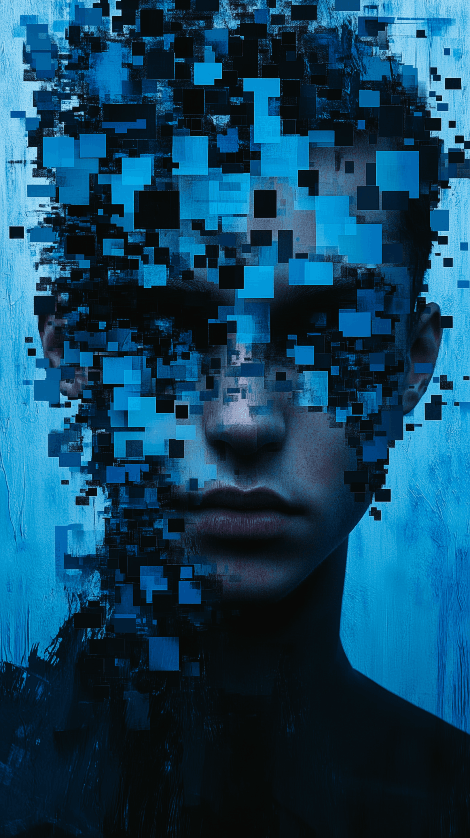AI generated: artistic rendering of a young male figure with a geometric, pixelated effect, his face an array of m...