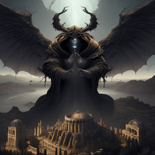 AI generated: A tapestry of a giant monster in a robe and a hood over its head obscuring it's face  with only two ...
