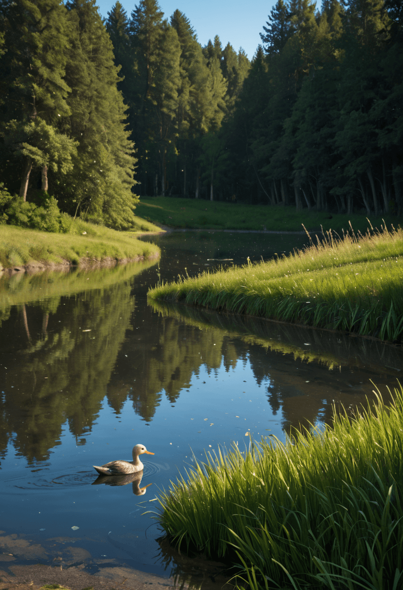 AI generated: <lora:ani40_stabilizer_v0.1:1>,realistic,highres,shimmering pond,mallard duck,reeds sway in wind,mid...