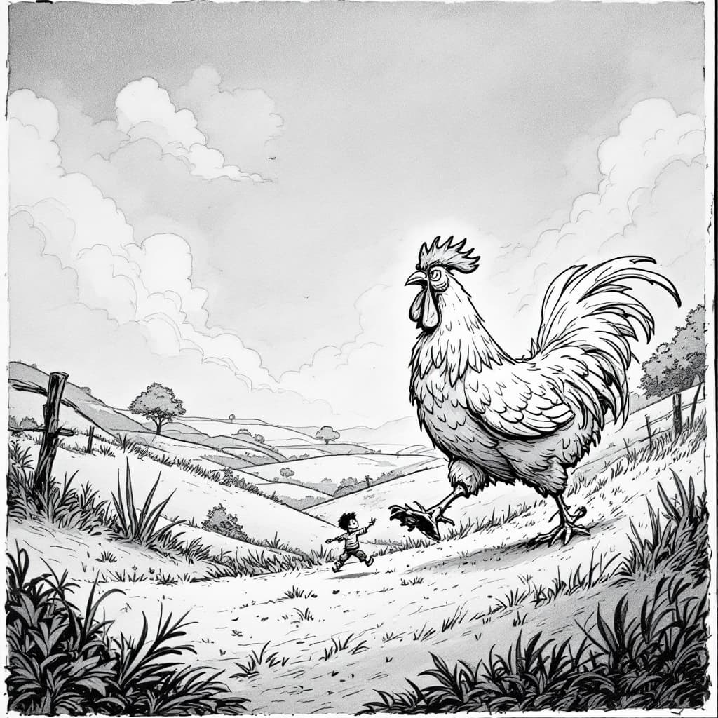 AI generated: black and white pencil sketch of a big rooster chasing a scared boy through the countryside, side vi...