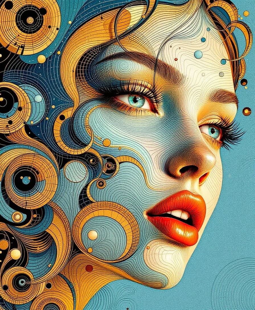 AI generated: doodle art 3D, in the style of pop art-inspired portraits, interference patterns, light sky-blue and...