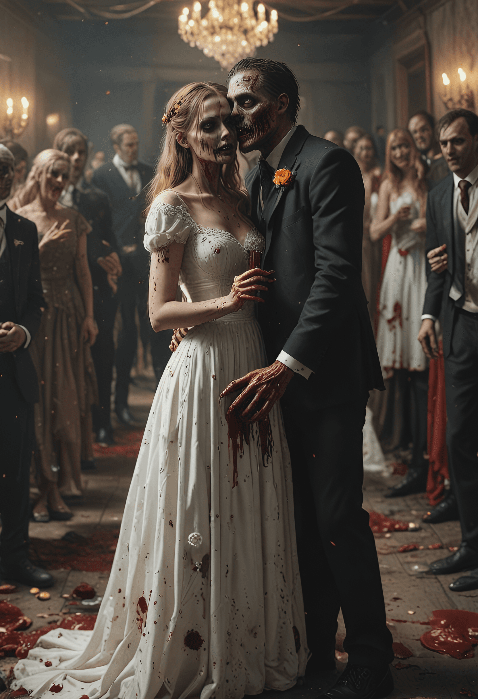 AI generated: zombie wedding scene,creepy,bloody,rotten,love,happy,rotten ambiente