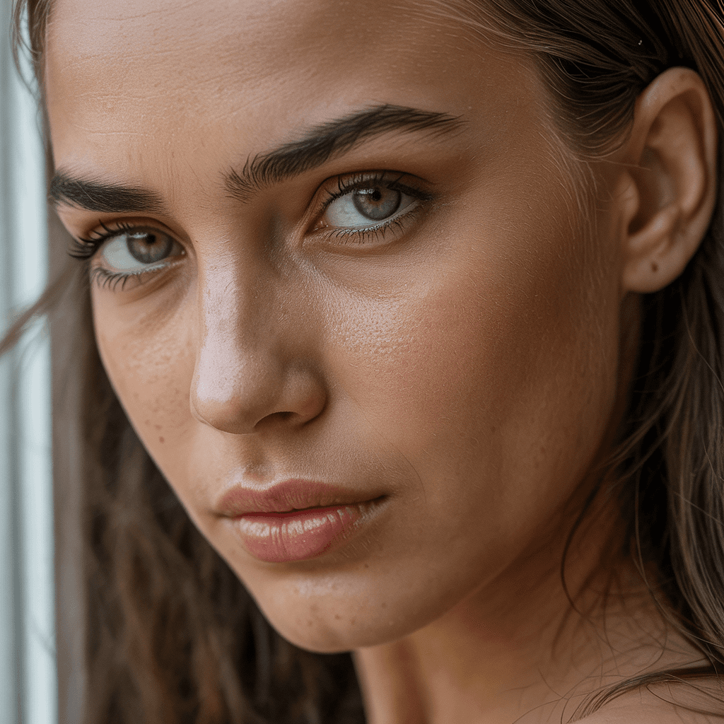 AI generated: Close-up of a young woman with intense green eyes, realistically textured skin and visible pores, so...