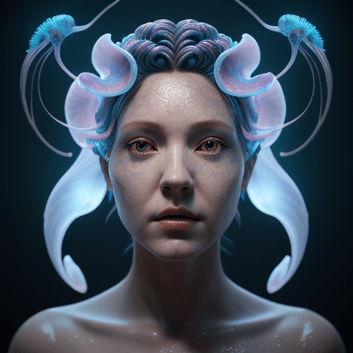 AI generated: Goddess close-up portrait ribcagel. jellyfish phoenix head, nautilus, orchid, skull, betta fish, bio...