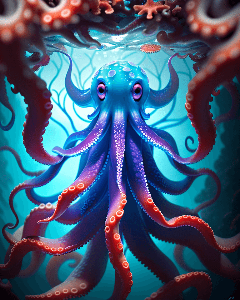 AI generated: Raw, masterpiece, perfectly centered, symmetrical, under water macro shot of a glowing octopus, cora...