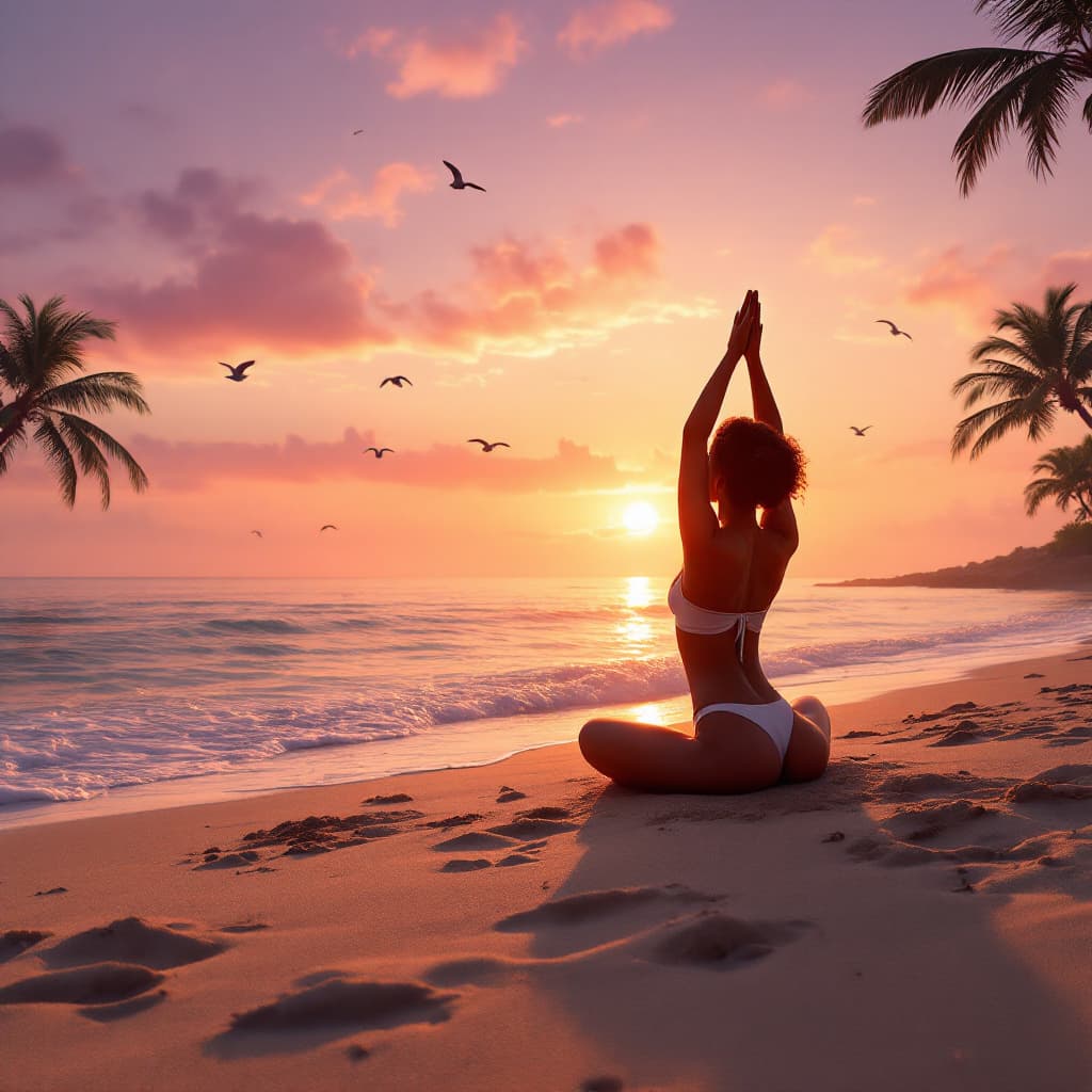 AI generated: A serene beach scene at sunrise, with a brown skinned person practicing yoga on the soft sand. The s...