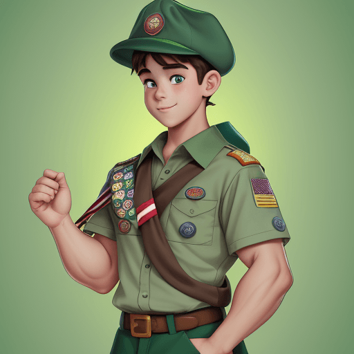 AI generated: a young boy scout, muscular, handsome, with hat, disney, cartoony style, green gradient background, 