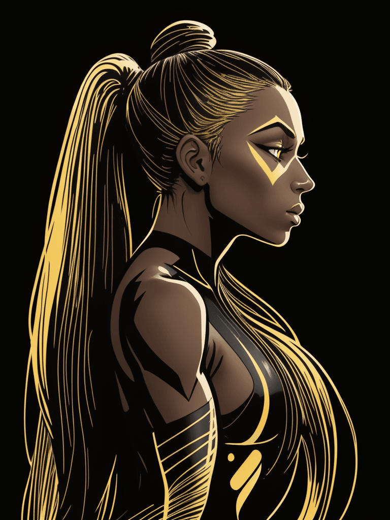 AI generated: side view of a beautiful woman with long hair in ponytail, glowing golden lines wrapped around body,...