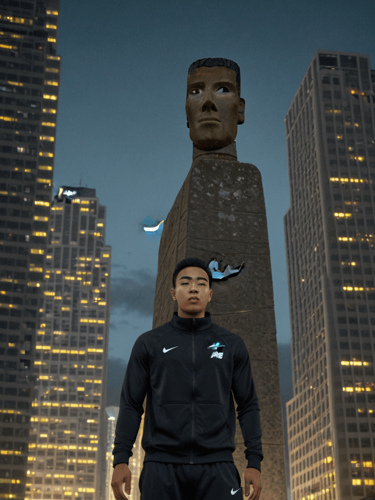 AI generated: young man moai head using nike tracksuit, night time, big full moon in the background above the buil...