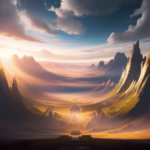 AI generated: a long shut landscape of mythical world, bright heaven with deep of light and from the endless north...