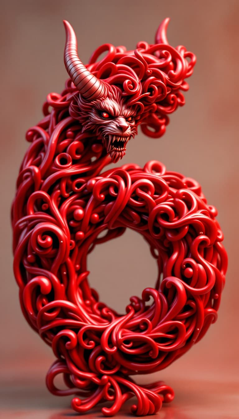 AI generated: figurine of the number 6 in red color with curls and a convex pattern of the demon's face, looks ari...