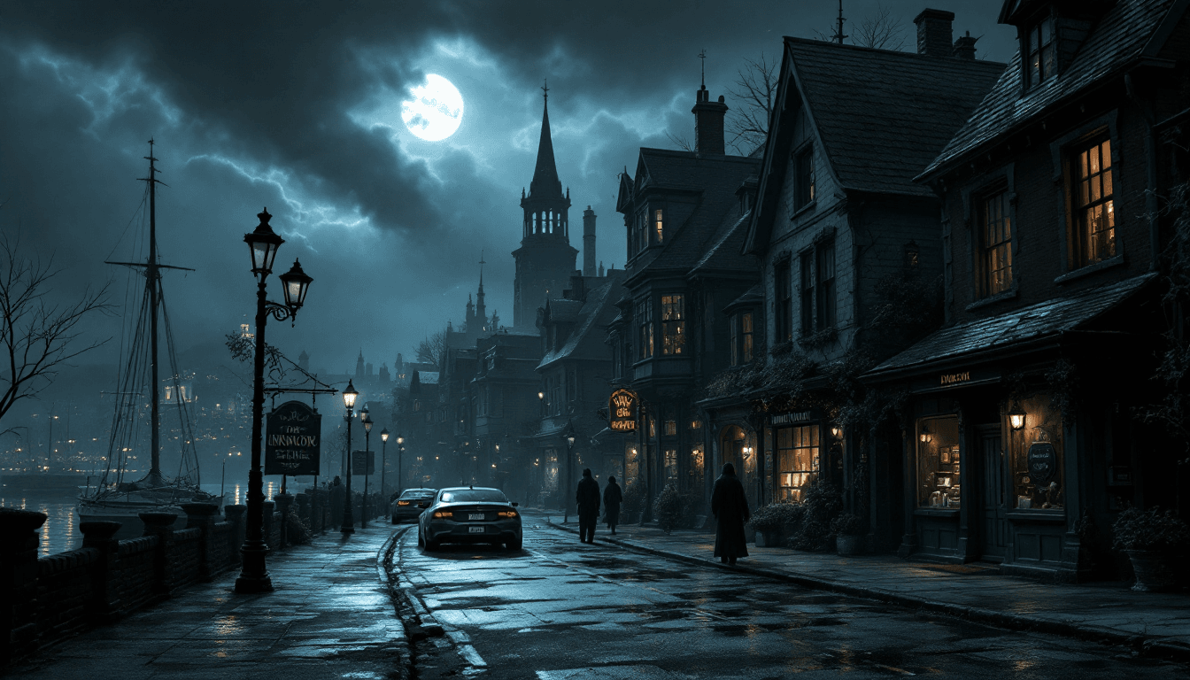 AI generated: Shadow over Innsmouth townscape, eerie atmosphere, a couple of Innsmouth inhabitants on the sidewalk...