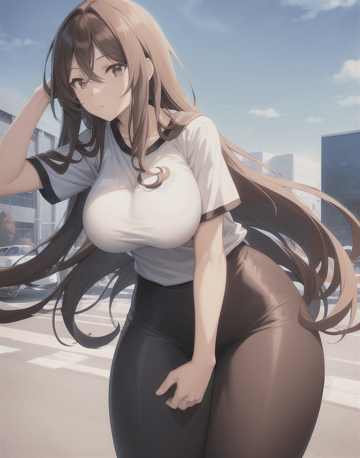 AI generated: (perfect anime illustration), 1girl, long brown hair, wavy hair, huge breast, outdoors, parking lot,...