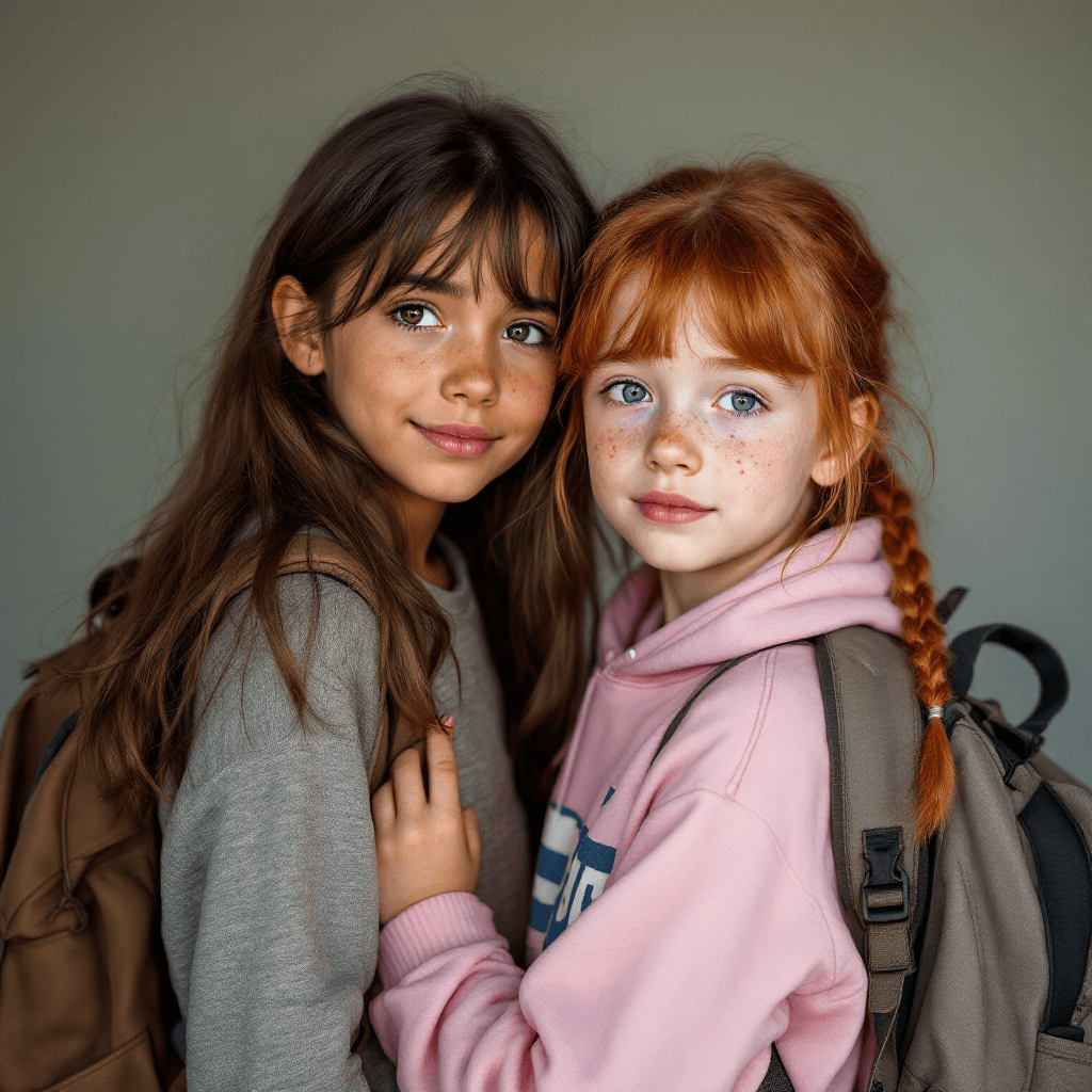 AI generated: Two photorealistic eleven-year-old girls who look nothing alike. One girl is taller with brown hair ...