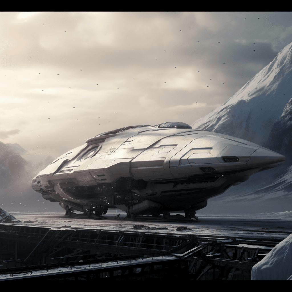 AI generated: Create a realistic 4K image of a gigantic spaceship abandoned in the middle of an icy, desolate land...