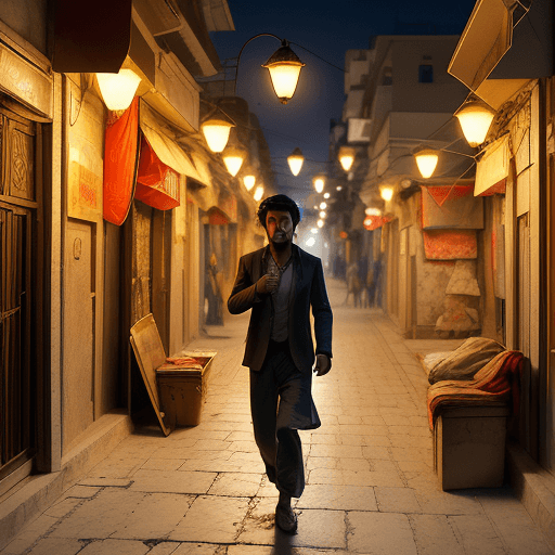 AI generated: a realistic photo of a young tramp kurdish man in tarlabaşı, istanbul midnight, street lamp
