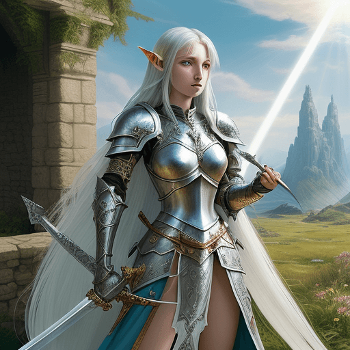 AI generated: Illustrative female elf knight with long hair, outside, disheveled, holding hyperdetails sword, bold...