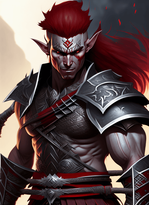 AI generated: evil male elf warrior with muscular grey skin and red hair, samurai armor, ultra realistic, concept ...