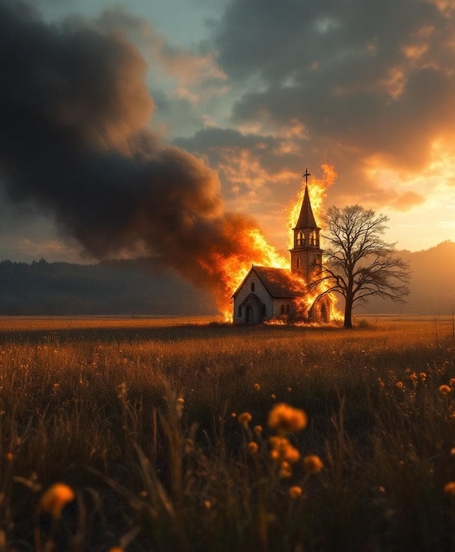 AI generated: can you make an image of like a countryside church like as the ones in far cry 5, in a field just bu...
