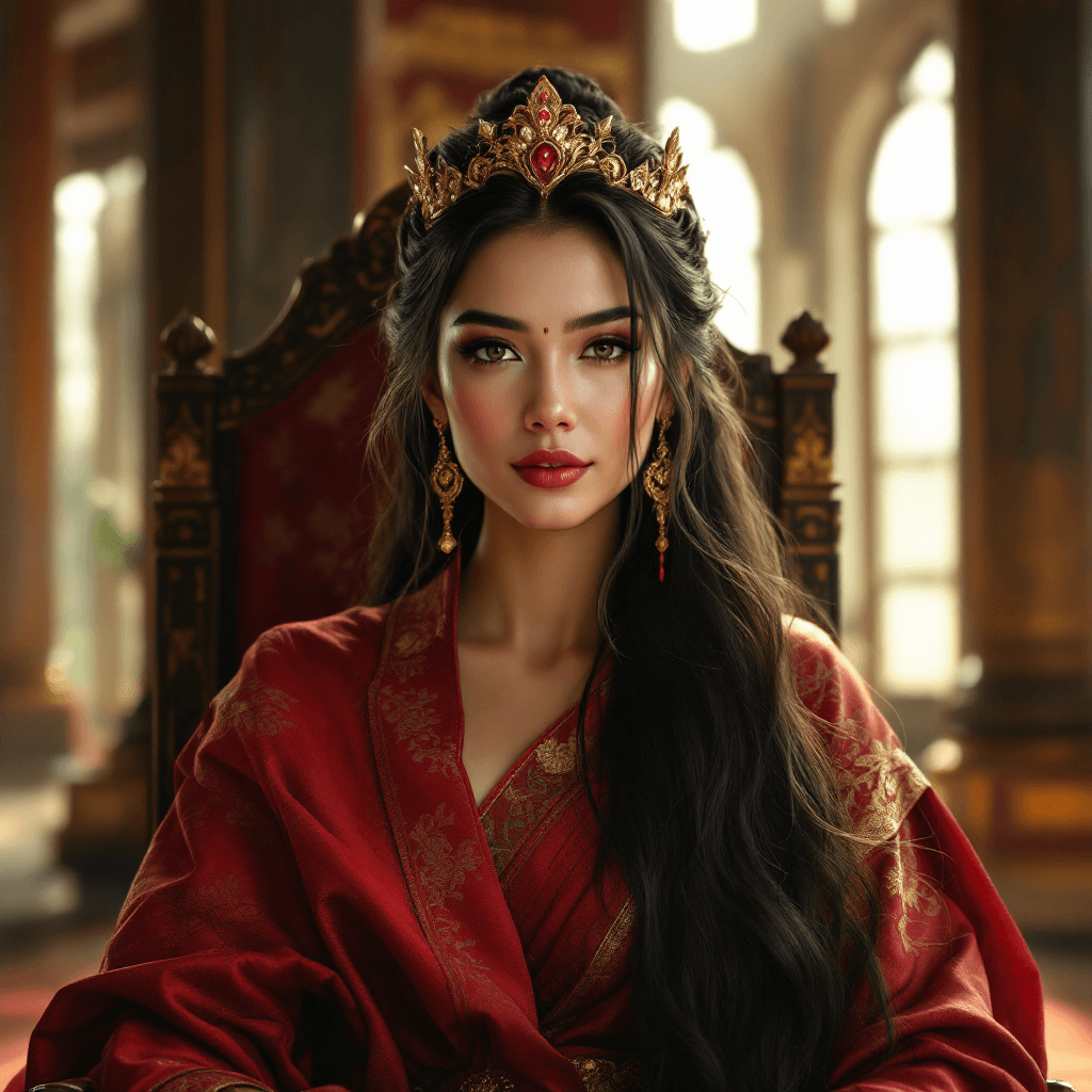 AI generated: Create an image of a charismatic female queen with a crown, featuring long, flowing hair. Her face s...