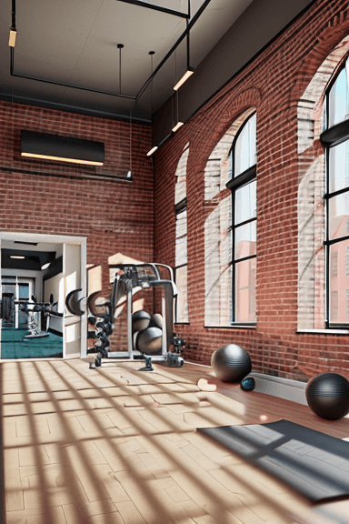 AI generated: Small gym inside a building with brick walls and surrounded by apartments with cinematic brick mater...