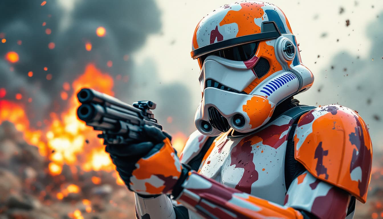 AI generated: Flat illustration, 3d, close up, an iconic Storm trooper from Star wars movie, (half-body shot:2), w...