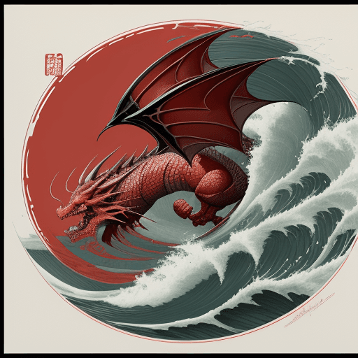 AI generated: red dragon in the waves art print, in the style of kōji morimoto, neo-traditional japanese, john bla...
