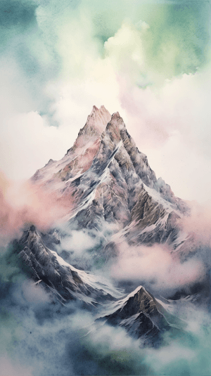 AI generated: The majestic mountain, the serene natural satellite, and a masterpiece of watercolor. Mountain paint...