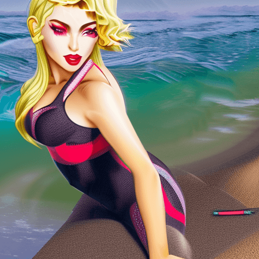 AI generated: Cat girl at the beach, looking at viewer, blonde hair, green eyes, red lipstick, Lacey green swim we...