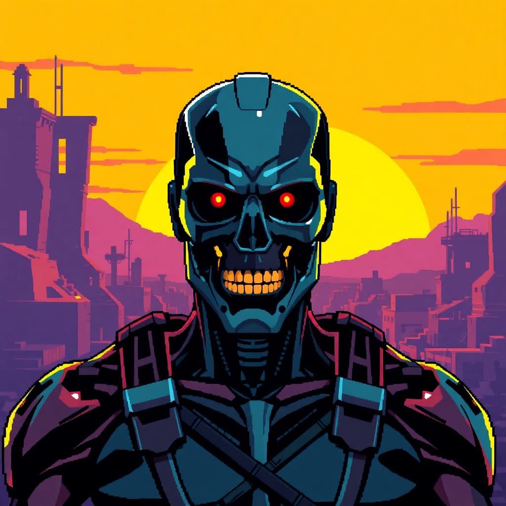 AI generated:  A portrait Avatar of Terminator as an 8-bit Vintage Retro Pixelated Style Game, mad max post apocal...