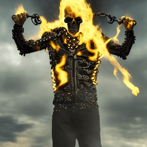 AI generated: a photo of 8k ultra realistic beautiful man GHOST RIDER HOLDING CHAIN, BURNING SKULL , intricate bla...