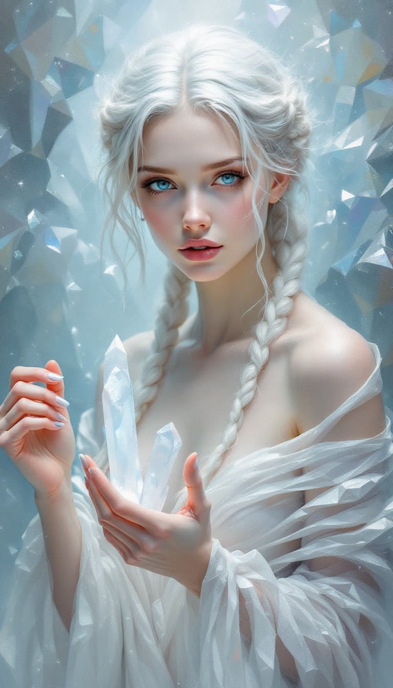 AI generated: "Ethereal Sculptress in a Crystal Sanctuary": A captivating abstract painting features a sculptress,...