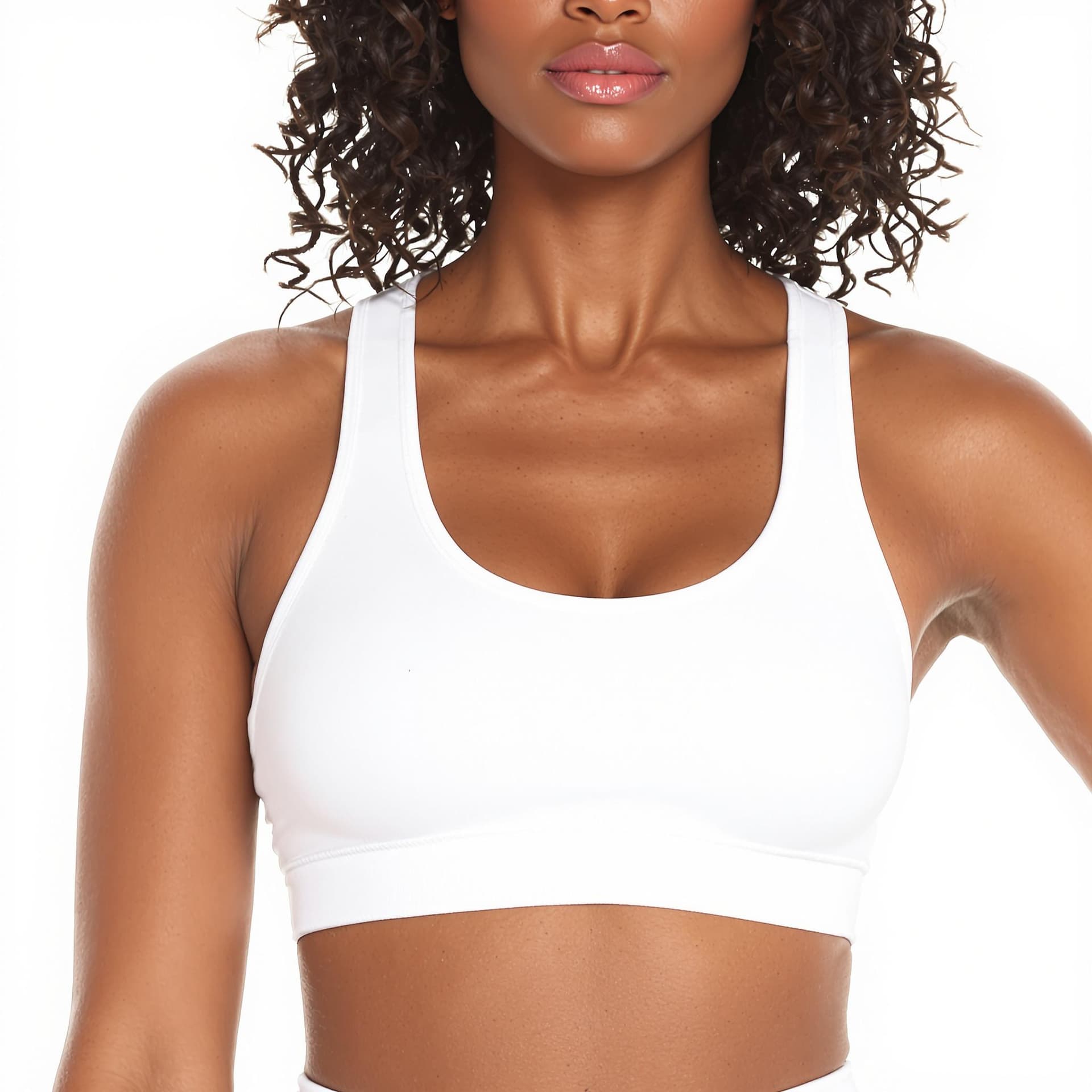 AI generated: a black woman wearing white sports bra and matching leggings. The backdrop is white.