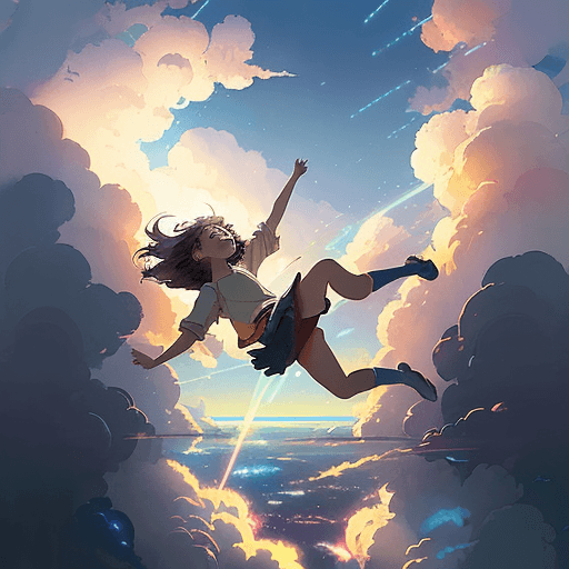 AI generated: make a picture of a girl falling in the sky. Background with clouds and lights. 
Studio Ghibli, anim...
