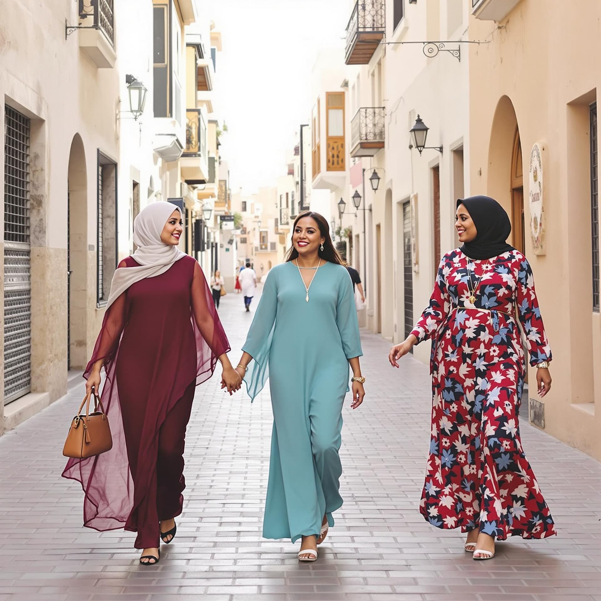 AI generated: 10. Multikulturelles Flair in der Al Seef Altstadt**  
Drei Frauen aus unterschiedlichen Herkunftslä...
