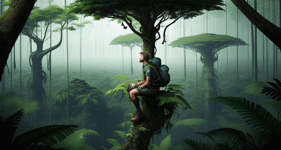 AI generated: explorer sitting atop a tall tree looking over a vast alien jungle with rich foliage