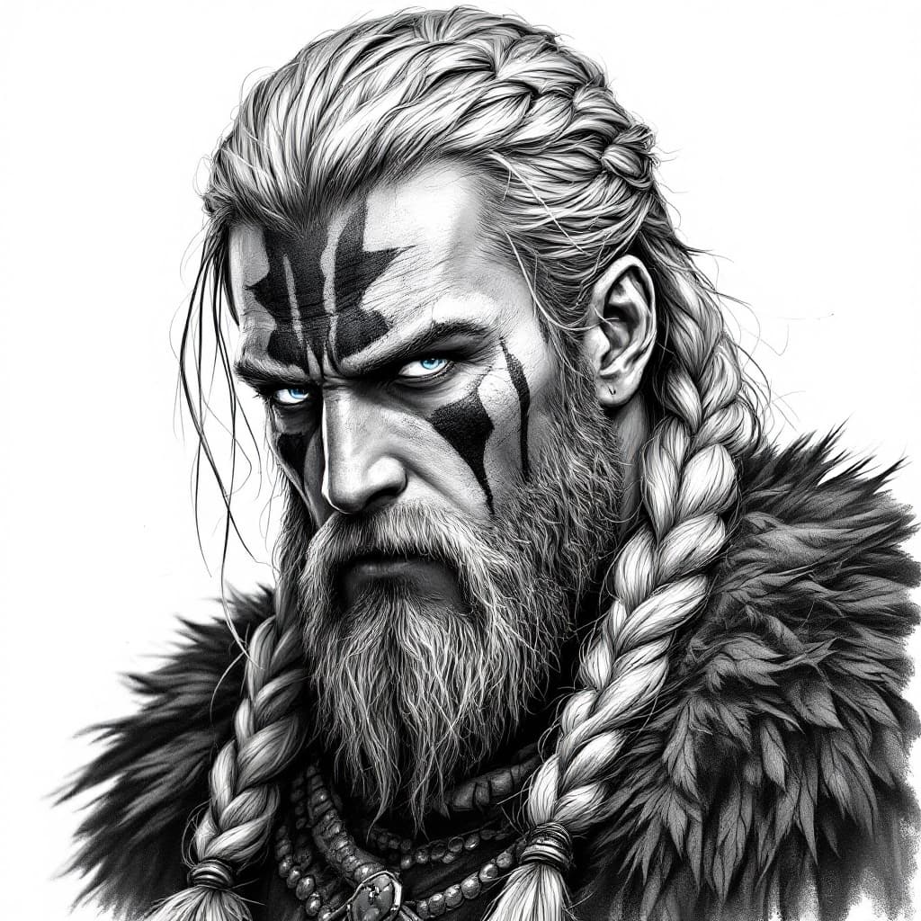 AI generated: black and white drawing of a Viking warrior men with braided hair, wearing war paint on her face, fe...