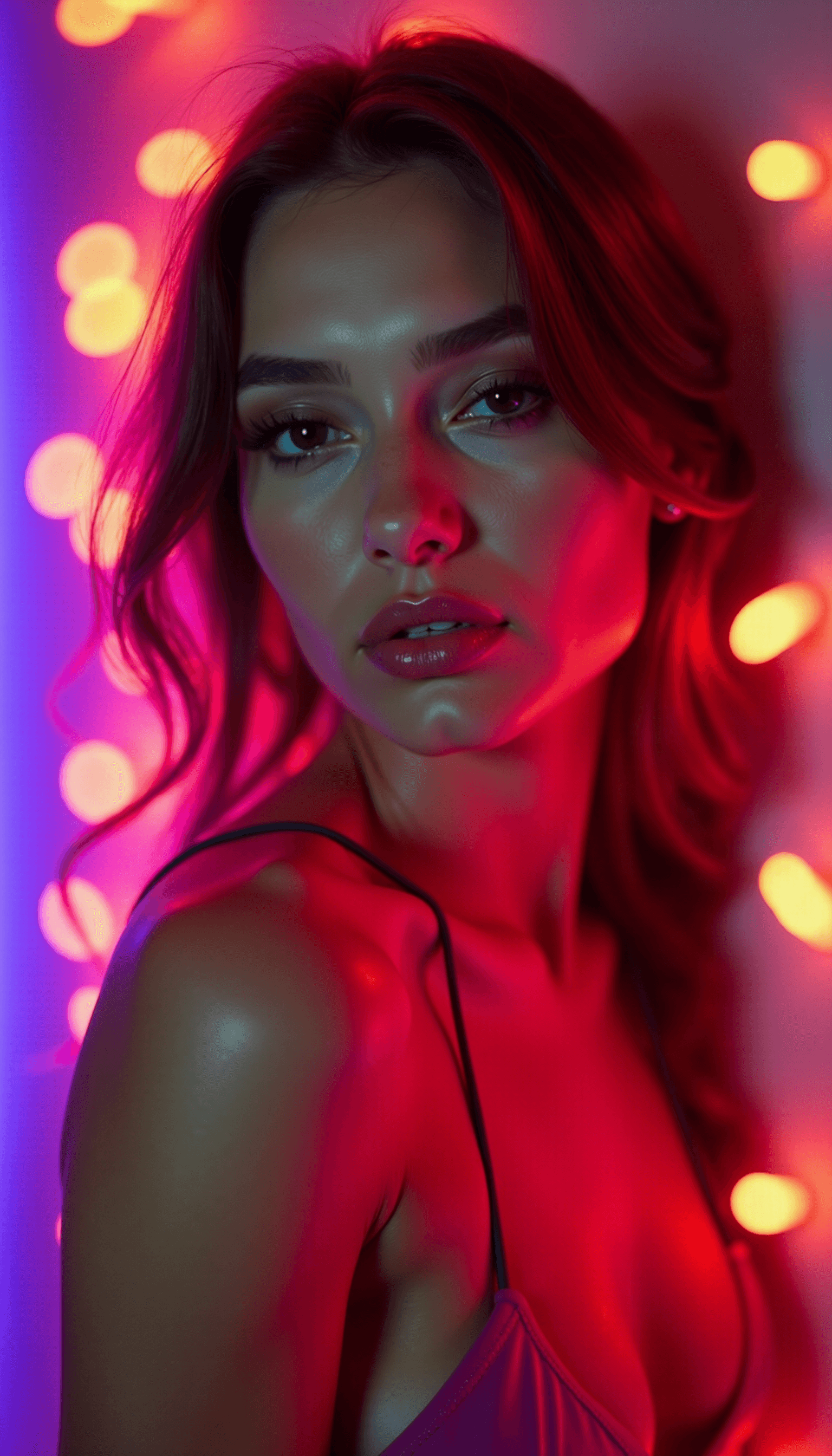 AI generated: Beautiful sexy girl with trendy make-up in colorful bright lights