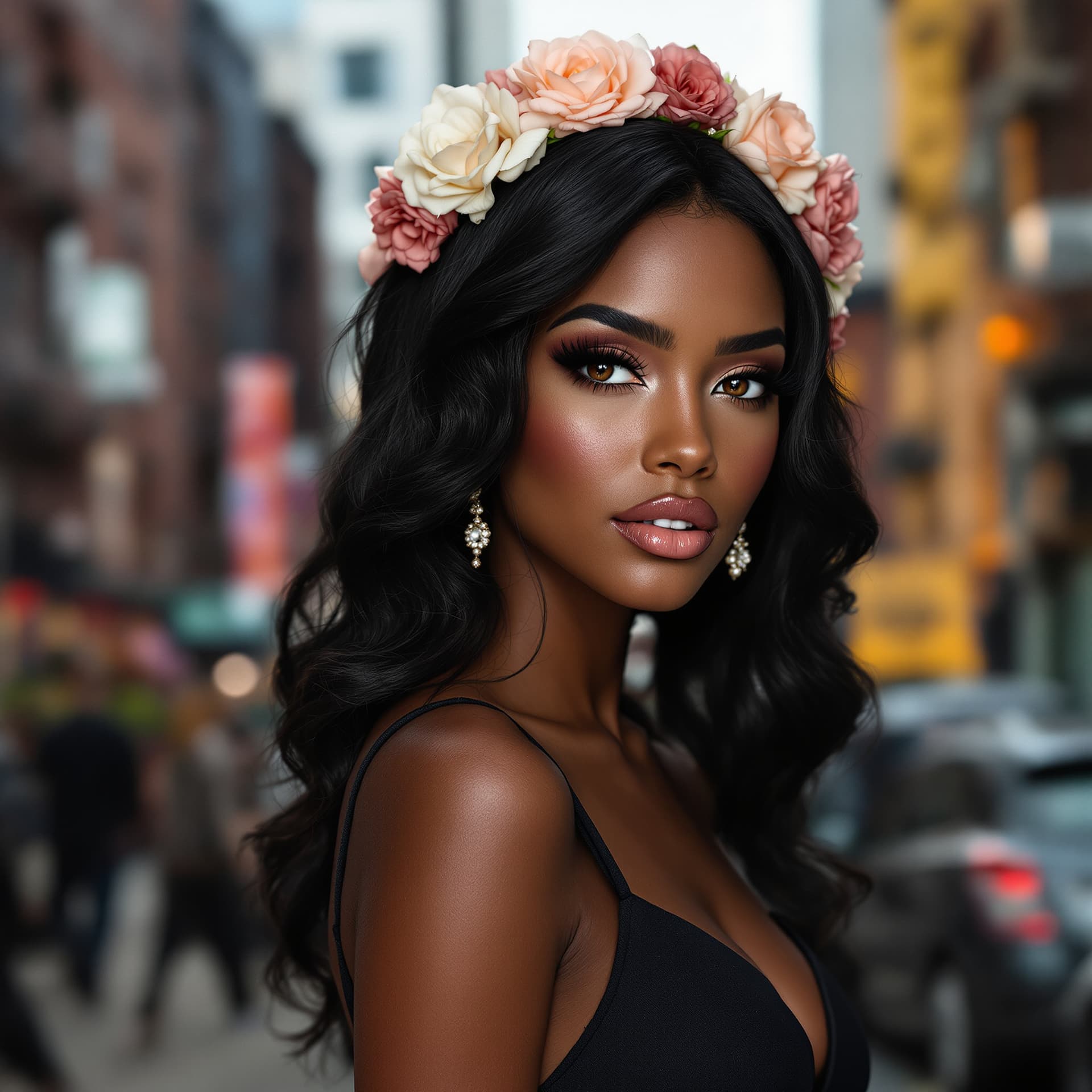 AI generated: The most beautiful black-haired woman in the world, with a band of flowers in her hair, her gorgeous...