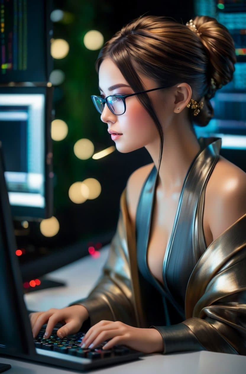 AI generated: Photo of a (programmer:1.3) works at a computer, who are zen and calm, photography, detailed skin, r...